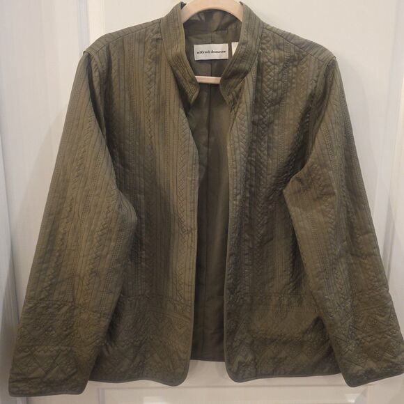 ALFRED DUNNER Quilted Olive Green Open Front Jacket Women's 12 Fall Grandmacore‎ - Picture 1 of 7
